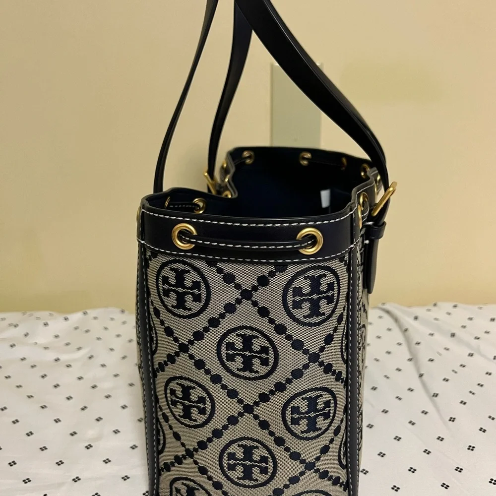 Tory Burch Navy and Cream Monogram Jacquard Small Tote